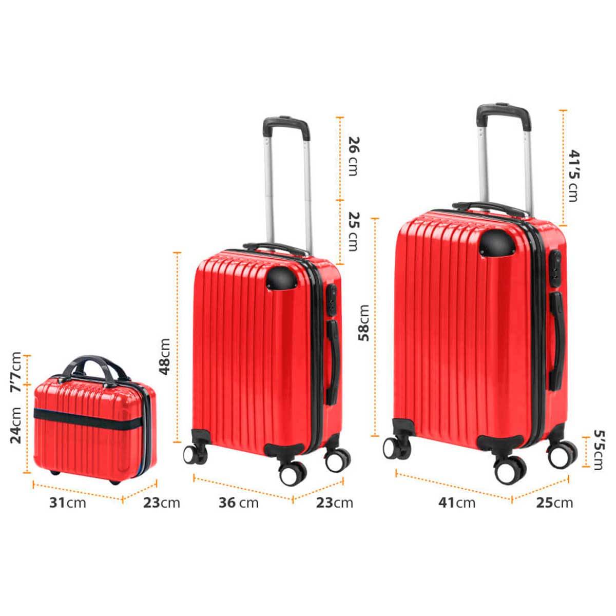 Juego Maletas Set 3 Cabina Rígidas Ruedas TSA Trolley Rojo  Gridinlux