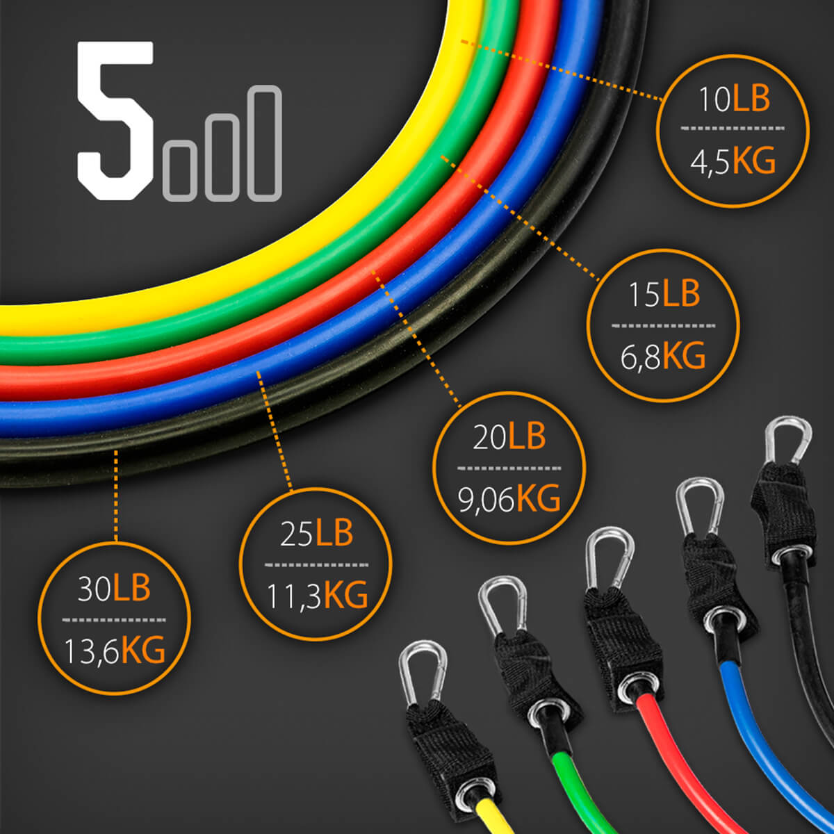 Bandas Resistencia 12 piezas 5 Niveles 10 lb - 30 lb Cinta Elástica Gridinlux