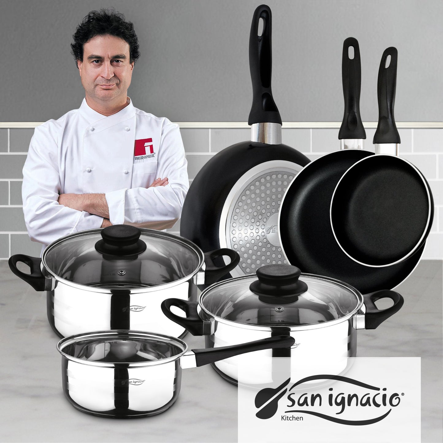 Juego de 3 sartenes Ø16/20/24 y batería de cocina 5 pzs San Ignacio Aluminio prensado y acero inoxidable. Apto para inducción