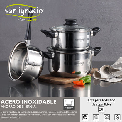 Juego de 3 sartenes Ø16/20/24 y batería de cocina 5 pzs San Ignacio Aluminio prensado y acero inoxidable. Apto para inducción