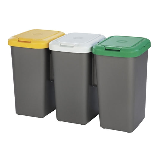 Papelera de Reciclaje Tontarelli 75L con 3 Compartimentos de 25L c/u. Plástico Duradero y Fácil Limpieza