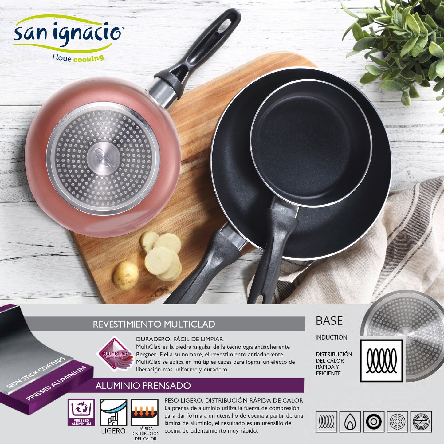 Juego de 3 sartenes rosa Ø16/20/24 y batería de cocina 5 pzs San Ignacio Aluminio prensado y acero inox. Apto para inducción