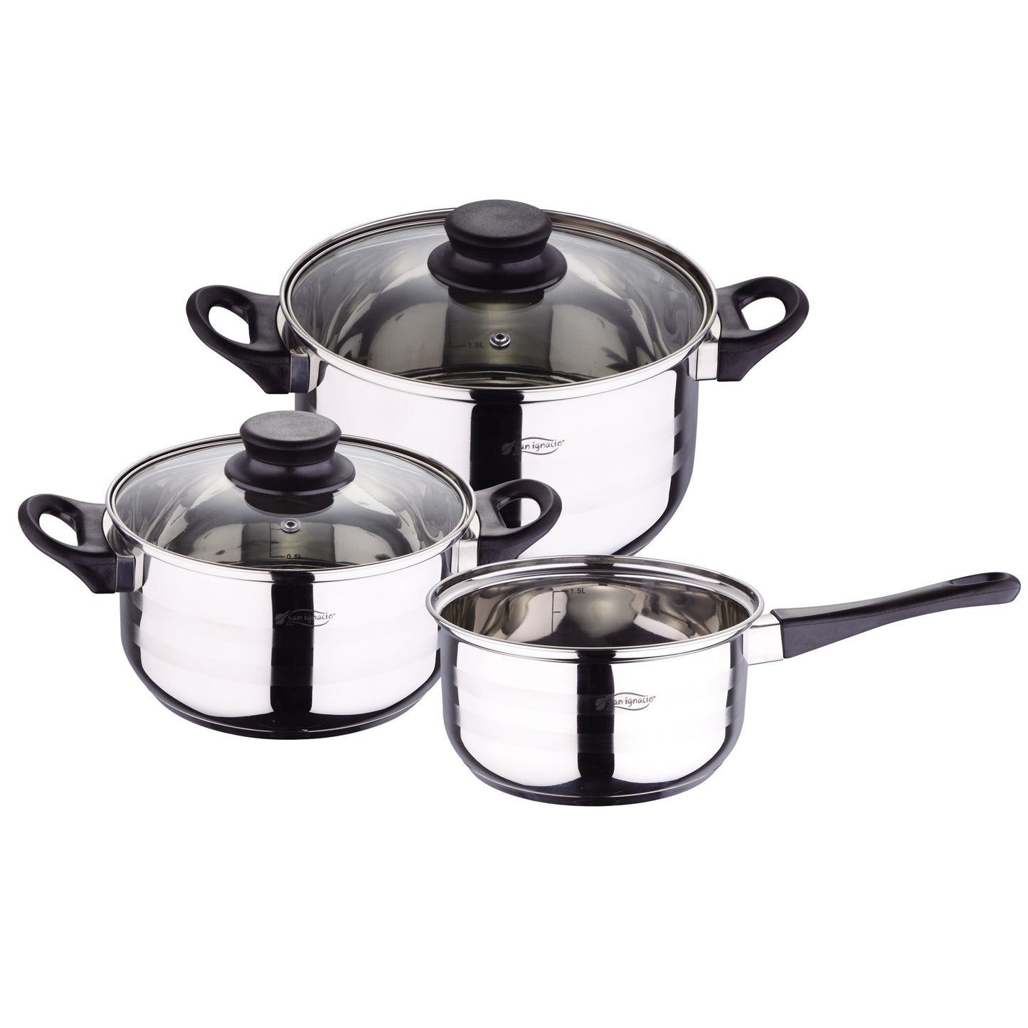 Juego de 3 sartenes rosa Ø16/20/24 y batería de cocina 5 pzs San Ignacio Aluminio prensado y acero inox. Apto para inducción